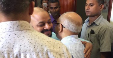 Dhiggaru MP Faris Maumoon with his father, former president Maumoon Abdul Gayoom, after the MP's trial at the Criminal Court. PHOTO / MIHAARU