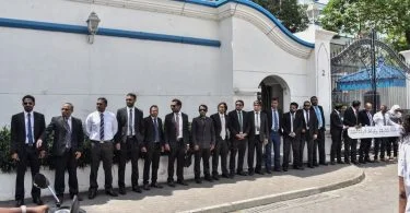 The 50 lawyers who signed the petition lined up in front of the Supreme Court. PHOTO / MIHAARU