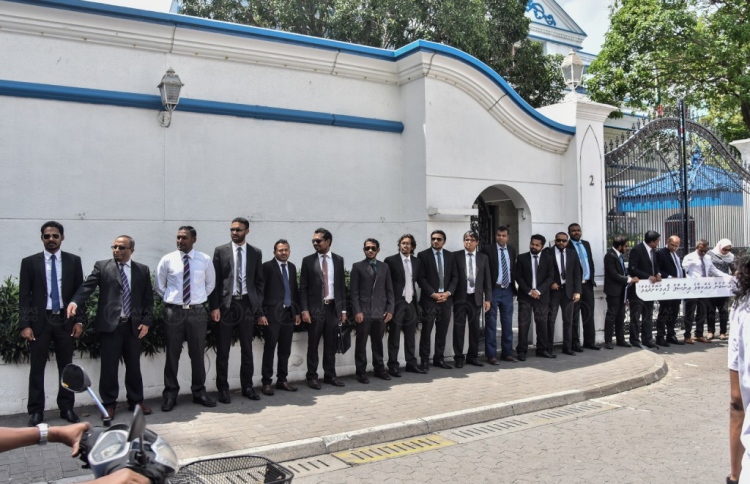 The 50 lawyers who signed the petition lined up in front of the Supreme Court. PHOTO / MIHAARU
