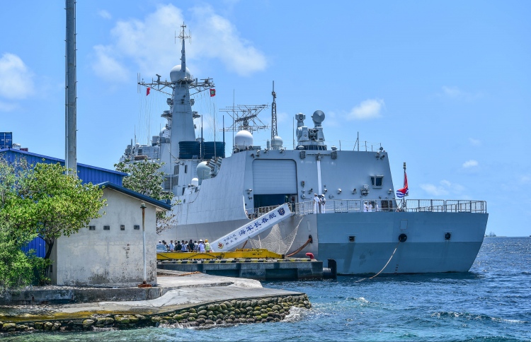 A frigate of the Chinese navy docked at Male. PHOTO: HUSSAIN WAHEED/MIHAARU