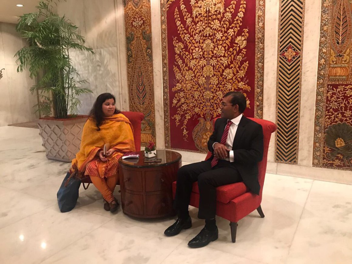 Devirupa Mitra and Mohamed Nasheed. Credit: Twitter/@MDPYouth