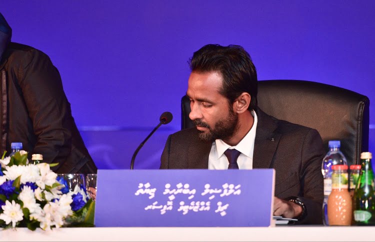 MTCC's CEO Ibrahim Ziyath speaks at the company's annual general meeting. PHOTO: HUSSAIN WAHEED/MIHAARU