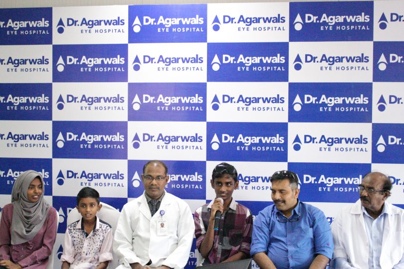 Master Hussain Ash-Ham Naseem, (Age 12), Dr. Lionel Raj D, Regional Medical Director, Dr. Agarwal’s Eye Hospital and Master Ahamed Zayan Shareet, (Age 15)
