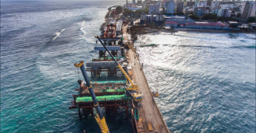 Aerial shot of the China-Maldives Friendship Bridge being developed between Male and Hulhule. PHOTO/ HOUSING MINISTER TWITTER