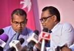 Ruling Progressive Party of Maldives (PPM) Secretary-General and Nilandhoo MP Abdullah Khaleel (L) with the party's deputy leader and Fonadhoo MP Abdul Raheem Abdullah at a press conference held at the party's headquarters on September 12, 2017. MIHAARU PHOTO / NISHAN ALI