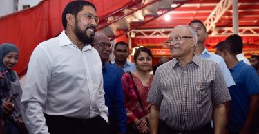 Former president Maumoon Abdul Gayoom (R) with Jumhoory Party's (JP)leader Qasim Ibrahim (L) at a gathering held in JP's official party camp Kunooz. PHOTO / MIHAARU