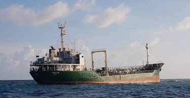 The STO's oil tanker named "Guraab" that was run aground a reef in Lhaviyani atoll on October 16, 2017. PHOTO / MNDF