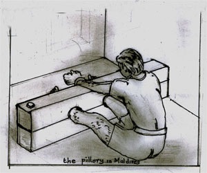 An illustration of Stocks and Pillory (An'dha Gondi) used in the Maldives to torture prisoners until very recently