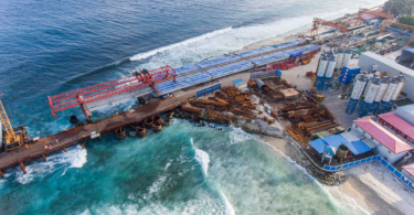 Aerial shot of the China-Maldives Friendship Bridge being developed between Male and Hulhule. PHOTO/ HOUSING MINISTER TWITTER