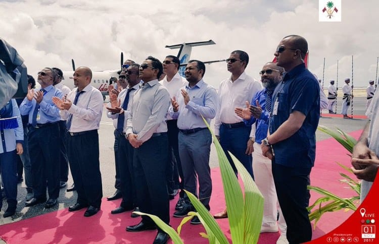 President Yameen, with government officials at the inauguration of the new domestic airport, 'Dhaalu Airport', in Kudahuvadhoo, Dhaalu atoll