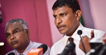 PPM's deputy leader and Vilufushi MP Abdullah Riyaz speaking at a press conference held at PPM headquarters in the capital Male. PHOTO / MIHAARU