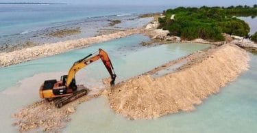 Developing the bund wall around the area to be reclaimed in HDh. Kulhudhuffushi's mangrove swamp. PHOTO/SOCIAL MEDIA