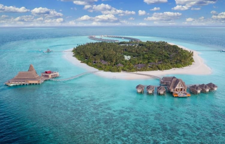 Aerial view of Anantara Kihavah Maldives in Baa atoll.