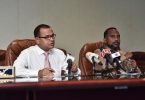 Islamic minister Dr Ziyad Baqir and defence minister Adam Shareef speak at press conference regarding the funds raised for the Rohingya.