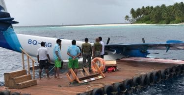 The seaplane of Maldivian after it lost its pontoon during take-off from Dhoores Retreat Resort.
