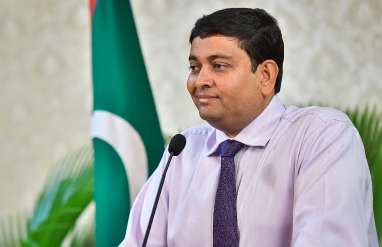 Fisheries minister Dr Mohamed Shainee speaks at a press conference. PHOTO/MIHAARU