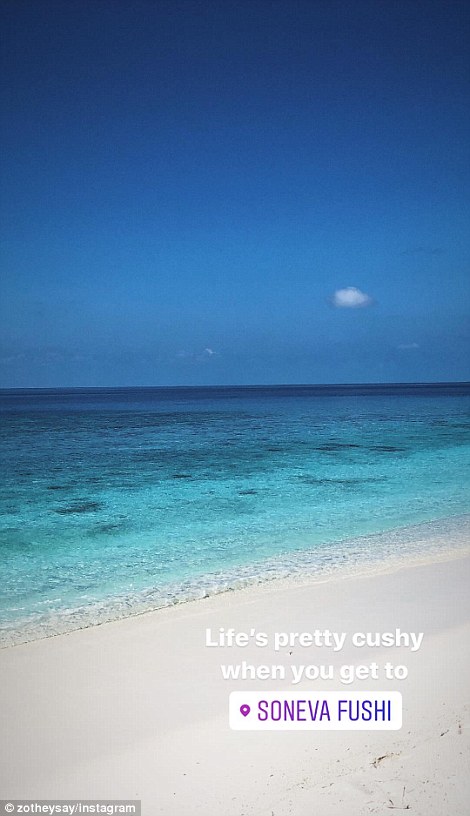 Picturesque: Zoe couldn't get enough of the vistas, sharing another photo that flaunted a picture-perfect beach scene with the sentiment: 'Life's pretty cushy when you get to Soneva Fushi'