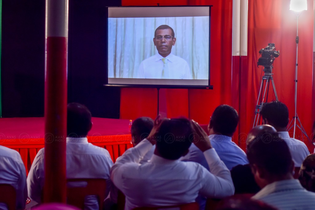 Nasheed addresses an opposition rally held at Kunooz via video