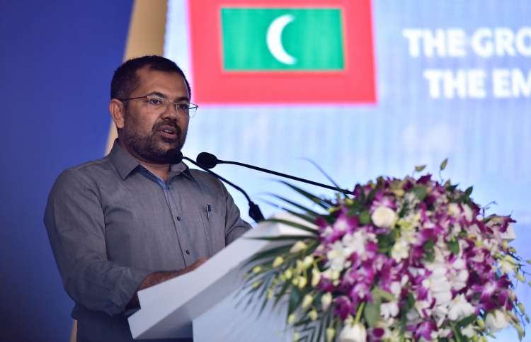Tourism minister Moosa Zameer pictured speaking at a ceremony. PHOTO/MIHAARU