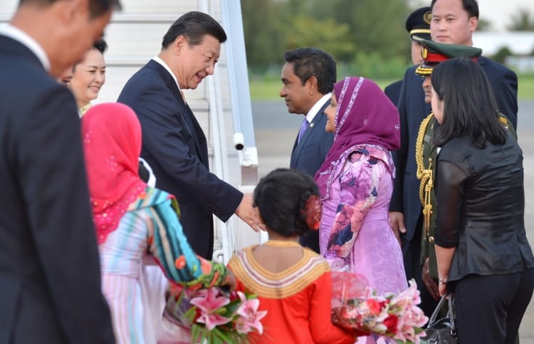 Chinese president Xi Jinping greets Maldives president Abdulla Yameen during the former's visit to the Maldives in 2014.