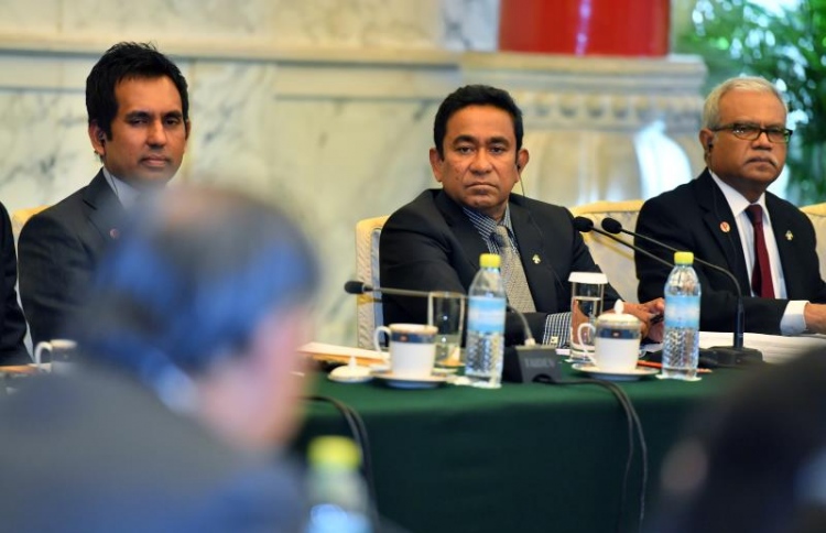 President Abdulla Yameen (C) speaks at the Business Leaders Forum during his first state visit to China. PHOTO/PRESIDENT'S OFFICE