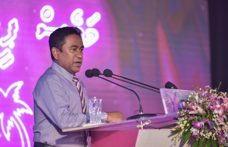 President Abdulla Yameen speaks at PPM ceremony. PHOTO: HUSSAIN WAHEED/MIHAARU