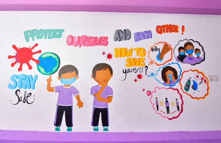 Illustrations at a school advocating basic hygiene