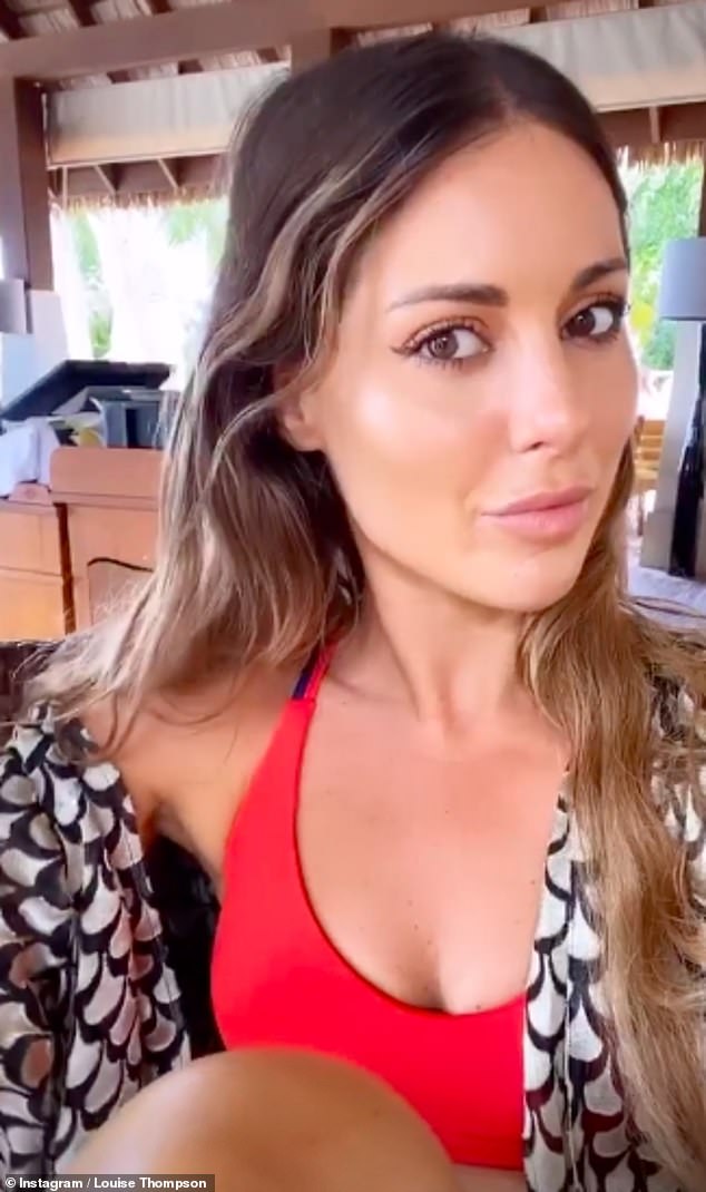 Stunning: The former Made In Chelsea star, 30, put on a glam display with a full face of makeup as she explained her crimson scooped top was actually a sports bra