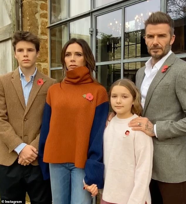 Lest we forget: Victoria and David Beckham proudly wore their poppies as they joined forces with their children to mark Remembrance Sunday- leading a host of other stars