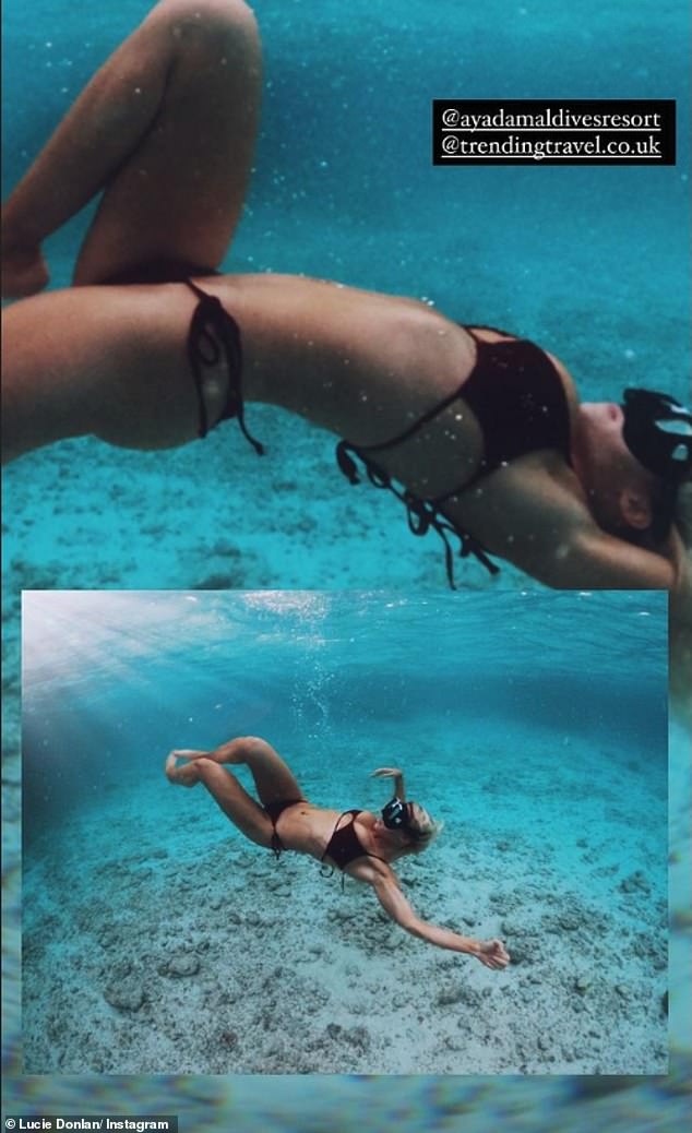 Abroad: Lucie and Luke jetted off to the Maldives for a work trip on Wednesday as the surfer shared this arty shot of herself underwater on Instagram