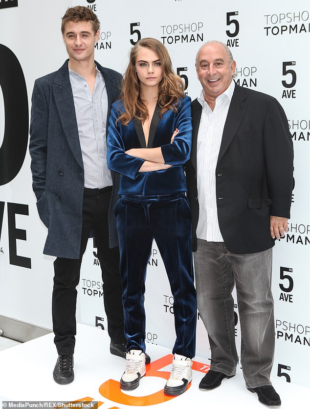 Max Irons, Cara Delevingne and Sir Philip at a TopShop store opening in New York in 2014
