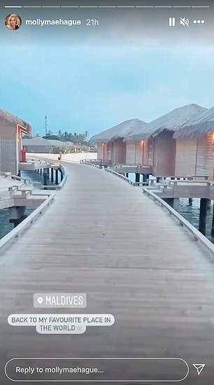 I'm back! Molly-Mae marked her return to the Maldives with a clip of the water walk way which ran between the villas, alongside the caption: 'Back in my favourite place in the world'