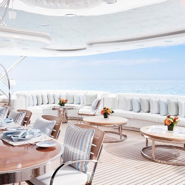 The outdoor dining area of the Lady E. It also includes seven rooms, a pool, a sauna and spa, a bar, a gym and an on-board masseuse and yoga teacher